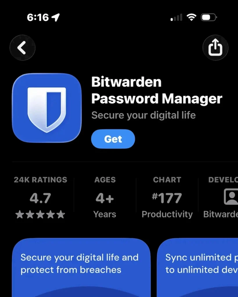 Bitwarden password manager app listing in the mobile app store