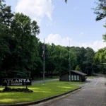Main entrance and road leading into Atlanta State Park in Texas.