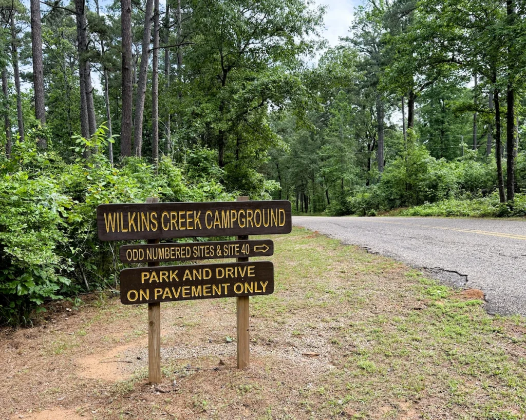 Wooden park sign for Entrance 2 of Wilkins Creek loop marking Odd numbered sites and Site 40.