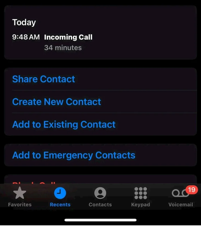 iPhone call log showing a 34 minute AT&T discount scam call