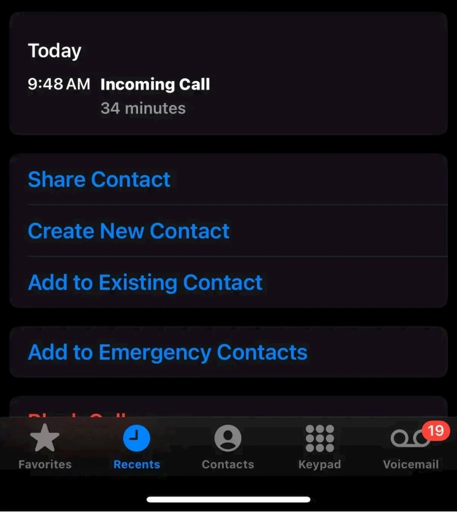iPhone call log showing a 34 minute AT&T discount scam call