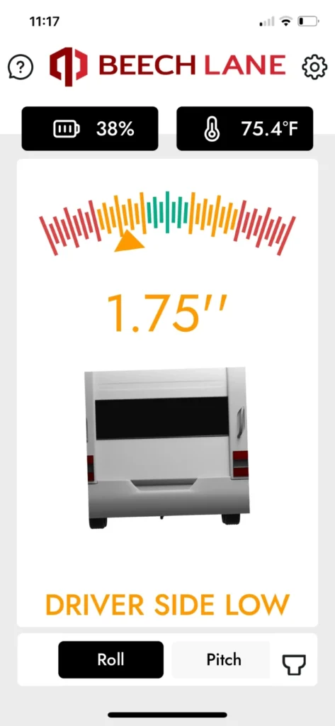The Beech Lane wireless RV leveling interface on a smartphone screen