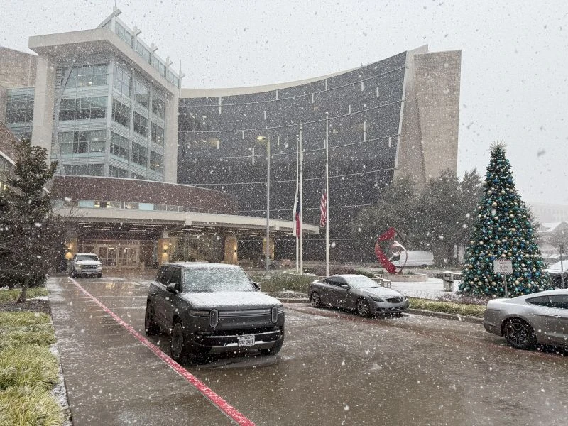 View of snowfall at Baylor Scott & White hospital in Plano, Texas