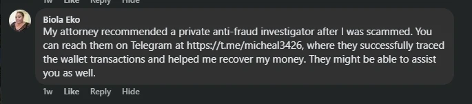 A screenshot of a Facebook comment on a dark mode interface by a profile named Biola Eko, pushing a Telegram money recovery scam link.