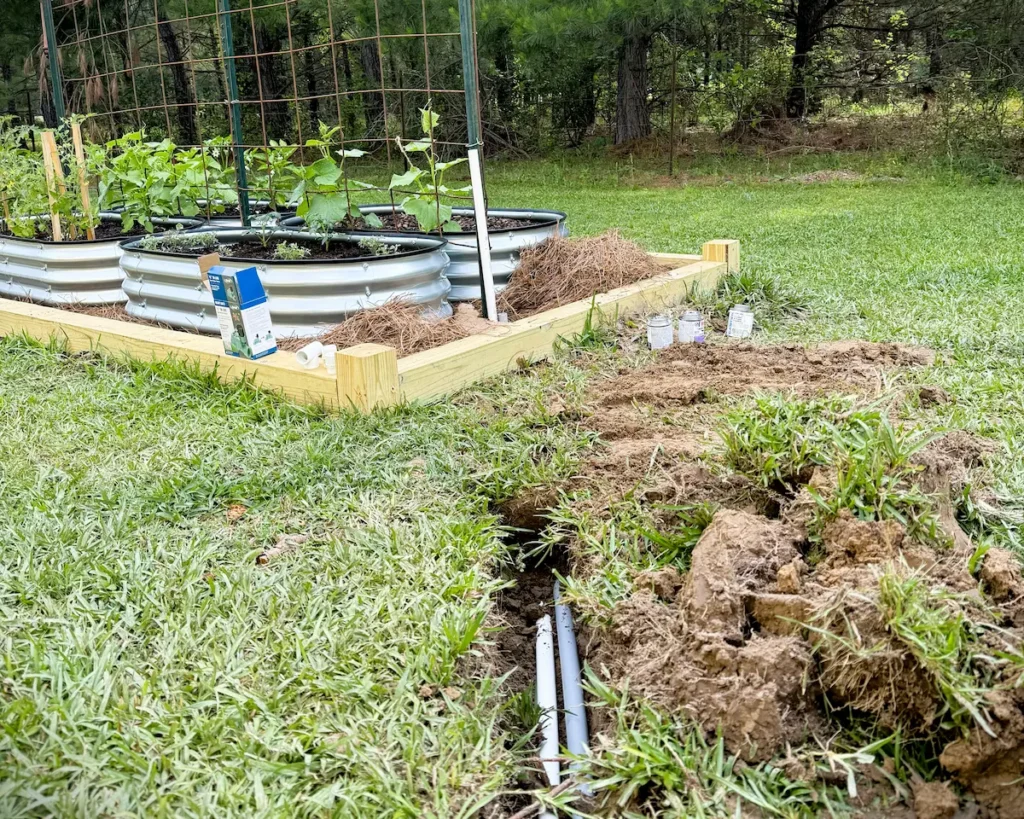 An open dirt trench containing parallel lines of white PVC water pipe and gray electrical conduit.
