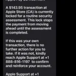 A screenshot of an Apple Scam Text from lukeflores3092@outlook.com falsely claiming an Apple Store transaction locked for a security assessment and telling the user to call 888-816-1197.
