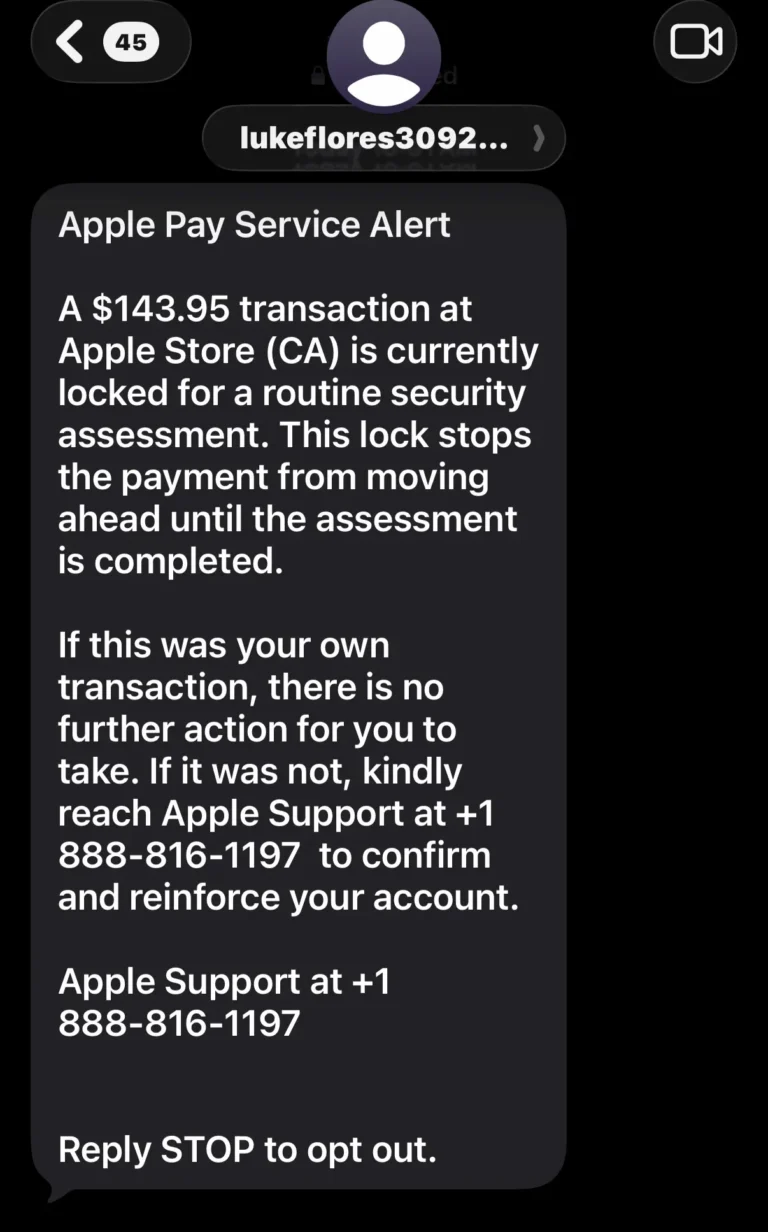 A screenshot of an Apple Scam Text from lukeflores3092@outlook.com falsely claiming an Apple Store transaction locked for a security assessment and telling the user to call 888-816-1197.