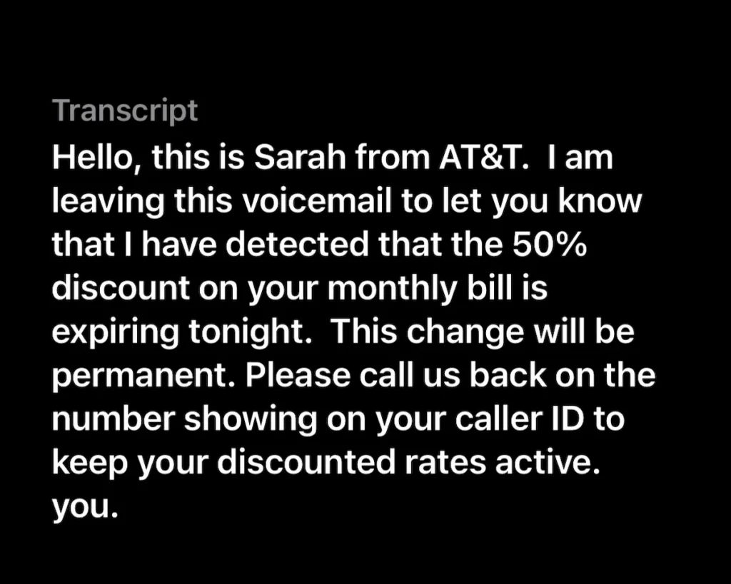 AT&T 50 percent discount expiring tonight voicemail scam transcript
