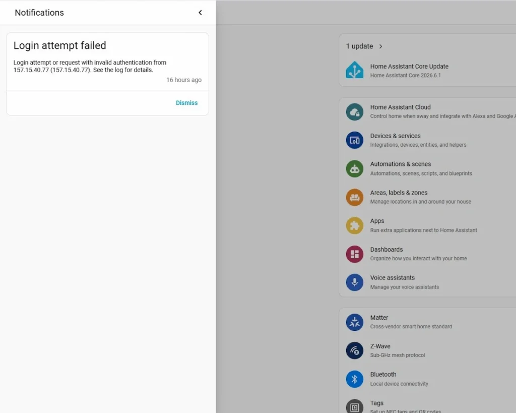 A close-up screenshot of a Home Assistant system notification and log entry. The text highlights a warning for a failed login attempt, displaying a malicious or unrecognized external IP address alongside the date and time of the unauthorized access traffic.