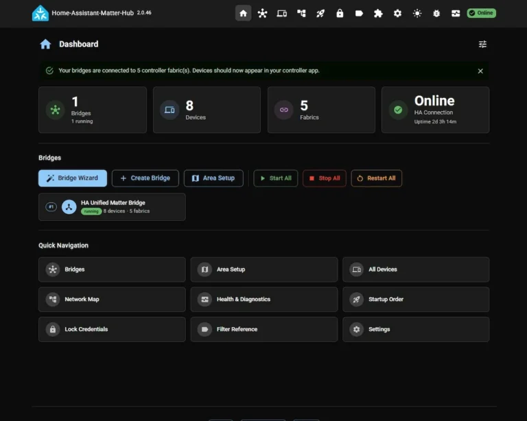 A screenshot of the web interface for the Home Assistant Matter Hub add-on. The dashboard displays the local port configuration alongside an 11-digit numeric setup code, indicating the bridge is ready to pair directly with a smart speaker over the local network.