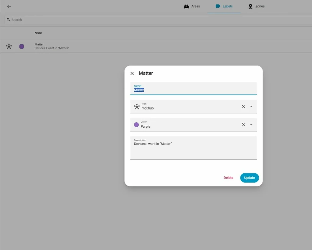 A screenshot of the Home Assistant settings dashboard. The interface shows a newly created label row with the name "matter" highlighted in a clean tag format, indicating it is actively configured to selectively sync local entities to the local bridge network.