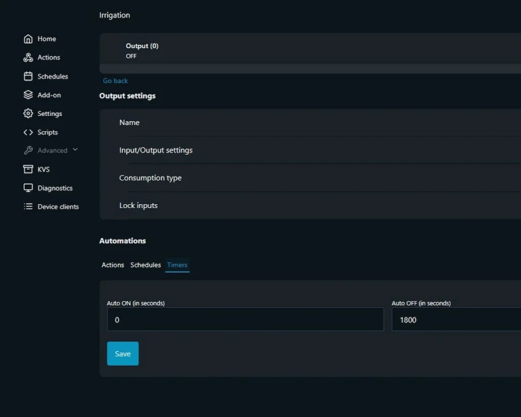 Shelly relay WebUI settings page displaying the Auto Off fail-safe timer configuration set to 1800 seconds for a Home Assistant irrigation system.